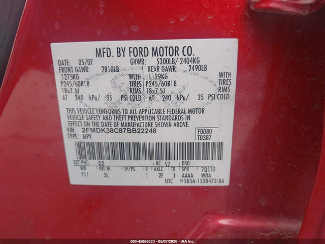 Продажа на аукционе авто 2007 Ford Edge Sel, vin: 2FMDK38C87BB22248, номер лота: 45066323