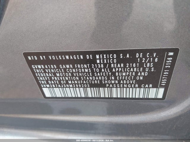 Aukcja sprzedaży 2017 Volkswagen Jetta 1.4t S, vin: 3VW2B7AJ3HM299203, numer aukcji: 45066338