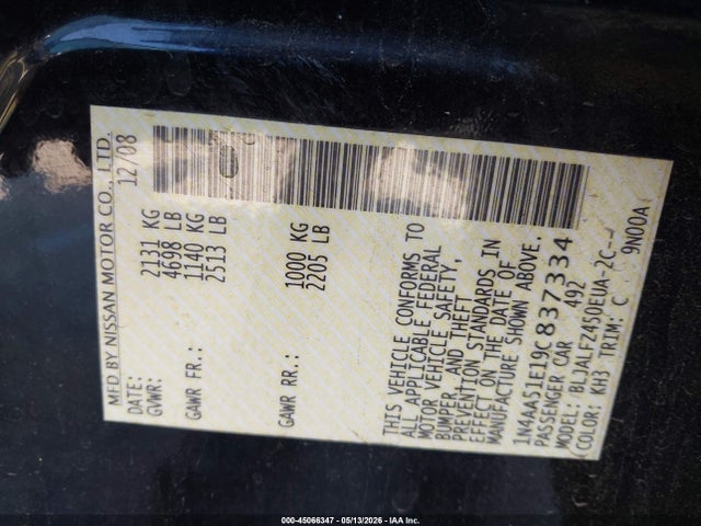 45066347 :رقم المزاد ، 1N4AA51E19C837334 vin ، 2009 Nissan Maxima 3.5 Sv مزاد بيع
