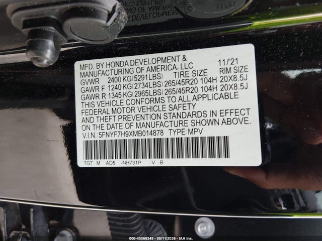 5FNYF7H9XMB014878 Honda Passport 2wd Touring