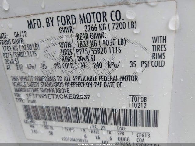 2012 Ford F-150 Fx4 მანქანა იყიდება აუქციონზე, vin: 1FTFW1ETXCKE02537, აუქციონის ნომერი: 45066354