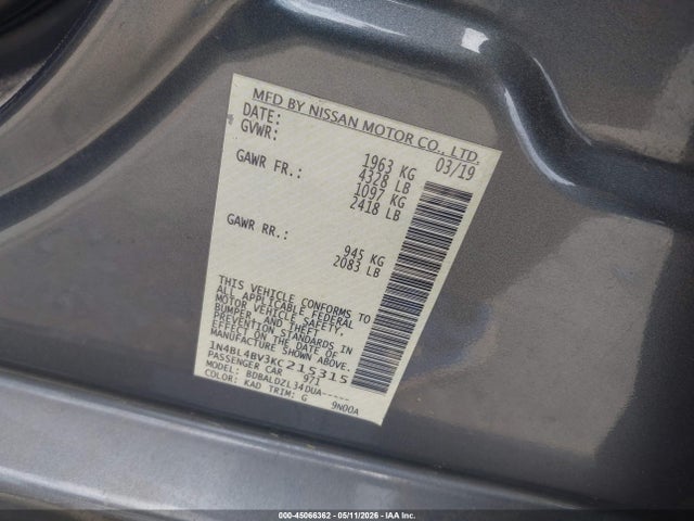 2019 Nissan Altima 2.5 S მანქანა იყიდება აუქციონზე, vin: 1N4BL4BV3KC215315, აუქციონის ნომერი: 45066362