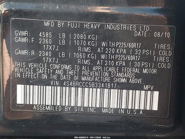 2011 Subaru Outback 2.5i Premium მანქანა იყიდება აუქციონზე, vin: 4S4BRCCC5B3341817, აუქციონის ნომერი: 45066374