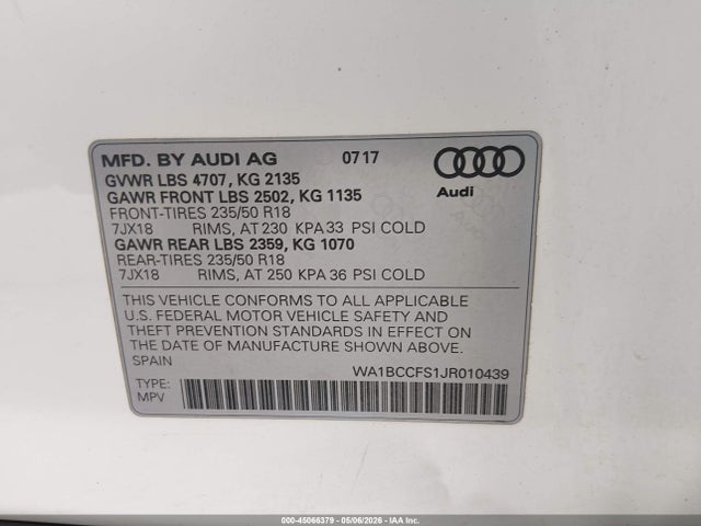 2018 Audi Q3 2.0t Premium/2.0t Sport Premium მანქანა იყიდება აუქციონზე, vin: WA1BCCFS1JR010439, აუქციონის ნომერი: 45066379