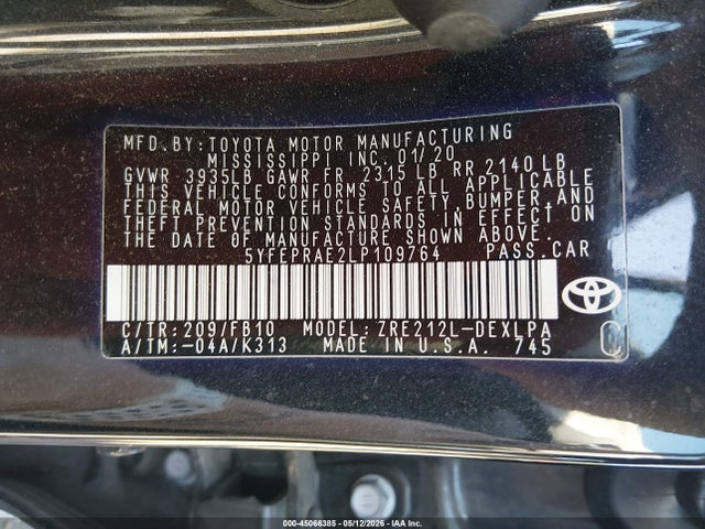 Aukcja sprzedaży 2020 Toyota Corolla Le, vin: 5YFEPRAE2LP109764, numer aukcji: 45066385