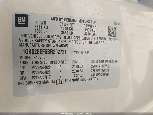 45066398 :رقم المزاد ، 1GKS2EEF6BR202731 vin ، 2011 Gmc Yukon Denali مزاد بيع