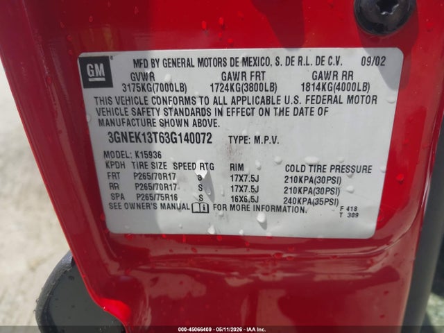 2003 Chevrolet Avalanche 1500 მანქანა იყიდება აუქციონზე, vin: 3GNEK13T63G140072, აუქციონის ნომერი: 45066409