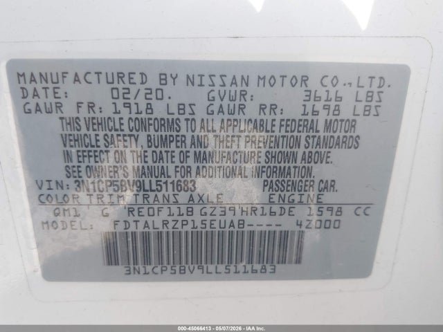 2020 Nissan Kicks S Xtronic Cvt მანქანა იყიდება აუქციონზე, vin: 3N1CP5BV9LL511683, აუქციონის ნომერი: 45066413