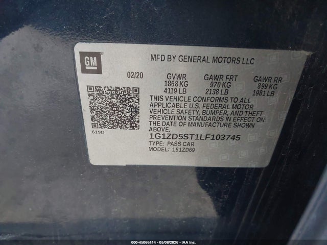 45066414 :رقم المزاد ، 1G1ZD5ST1LF103745 vin ، 2020 Chevrolet Malibu Fwd Lt مزاد بيع
