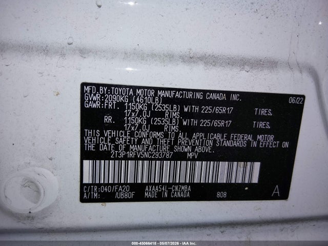 Aukcja sprzedaży 2022 Toyota Rav4 Xle, vin: 2T3P1RFV5NC293787, numer aukcji: 45066418
