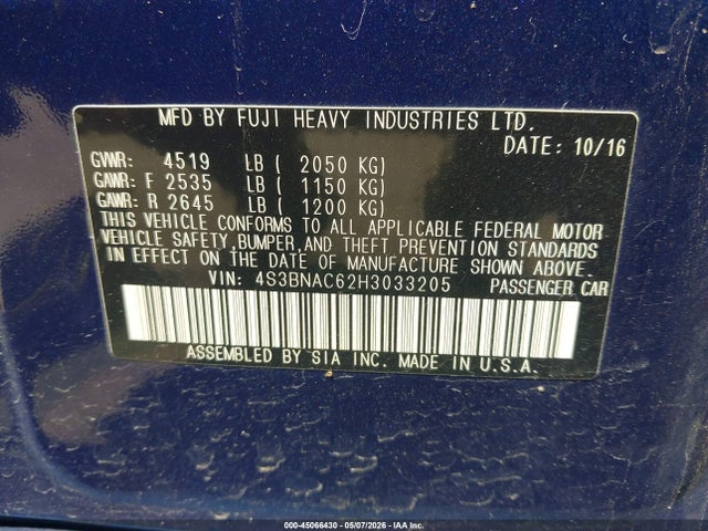 45066430 :رقم المزاد ، 4S3BNAC62H3033205 vin ، 2017 Subaru Legacy 2.5i Premium مزاد بيع