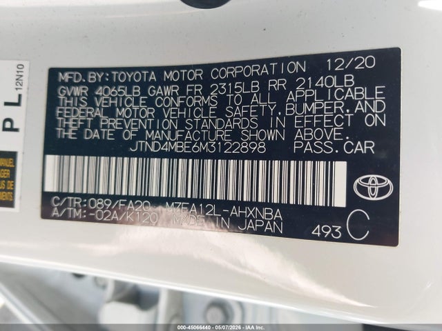 2021 Toyota Corolla Se მანქანა იყიდება აუქციონზე, vin: JTND4MBE6M3122898, აუქციონის ნომერი: 45066440