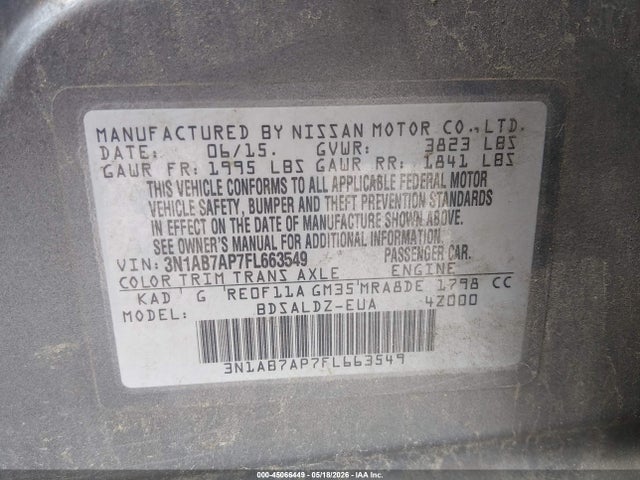 2015 Nissan Sentra Fe+ S/s/sl/sr/sv მანქანა იყიდება აუქციონზე, vin: 3N1AB7AP7FL663549, აუქციონის ნომერი: 45066449