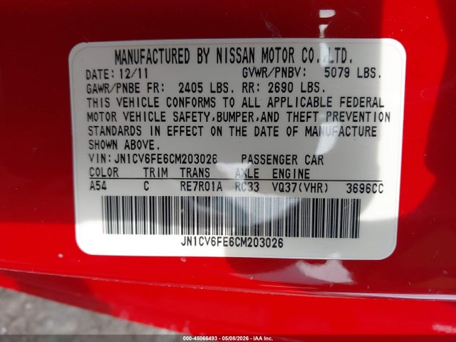 Продажа на аукционе авто 2012 Infiniti G37, vin: JN1CV6FE6CM203026, номер лота: 45066493