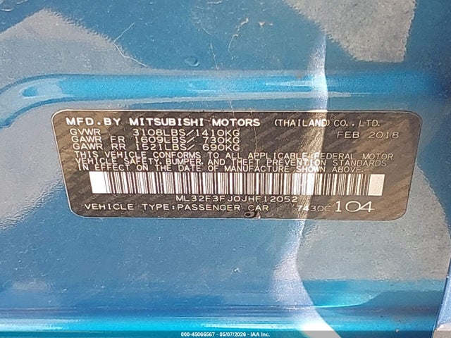 Продажа на аукционе авто 2018 Mitsubishi Mirage G4 Es, vin: ML32F3FJ0JHF12052, номер лота: 45066567