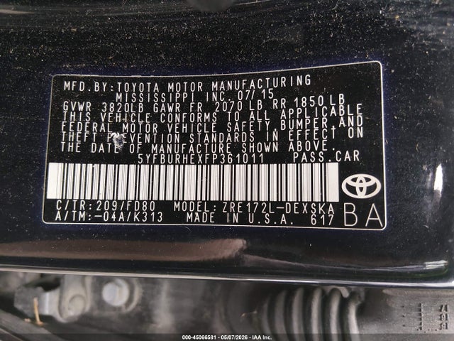 2015 Toyota Corolla S Plus მანქანა იყიდება აუქციონზე, vin: 5YFBURHEXFP361011, აუქციონის ნომერი: 45066581