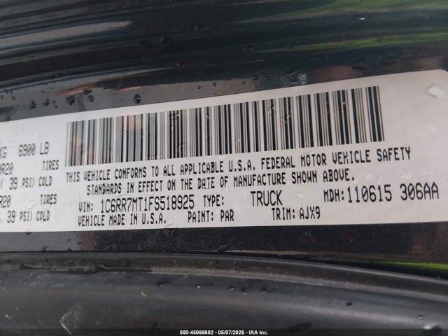 2015 Ram 1500 Sport მანქანა იყიდება აუქციონზე, vin: 1C6RR7MT1FS518925, აუქციონის ნომერი: 45066602