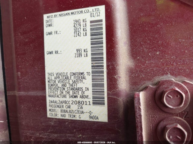 Продаж на аукціоні авто 2012 Nissan Altima 2.5 S, vin: 1N4AL2AP8CC208011, номер лоту: 45066660