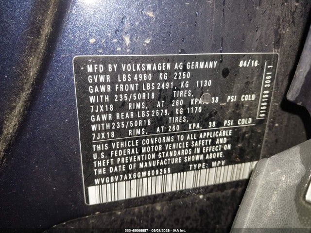45066687 :رقم المزاد ، WVGBV7AX6GW609255 vin ، 2016 Volkswagen Tiguan Se مزاد بيع