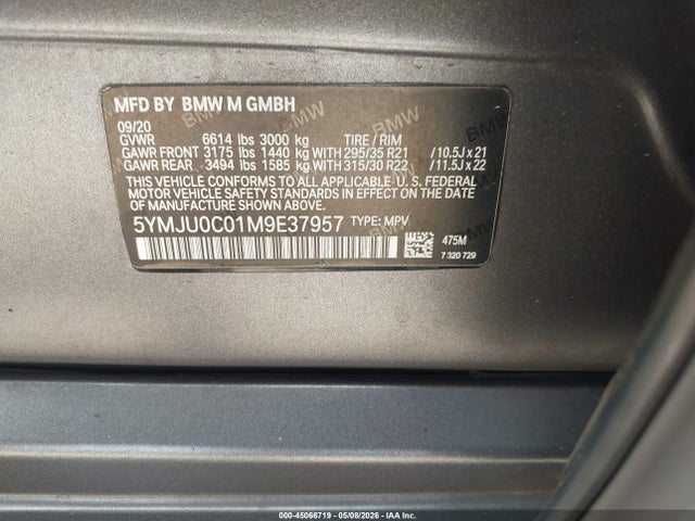 2021 Bmw X5 M მანქანა იყიდება აუქციონზე, vin: 5YMJU0C01M9E37957, აუქციონის ნომერი: 45066719