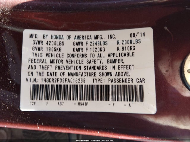 Honda ACCORD LX 2015 1HGCR2F39FA016265 Image 9