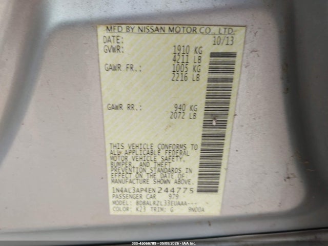 2014 Nissan Altima 2.5 S მანქანა იყიდება აუქციონზე, vin: 1N4AL3AP4EN244775, აუქციონის ნომერი: 45066789