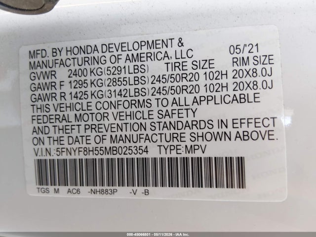 5FNYF8H55MB025354 Honda Passport Awd Ex-l