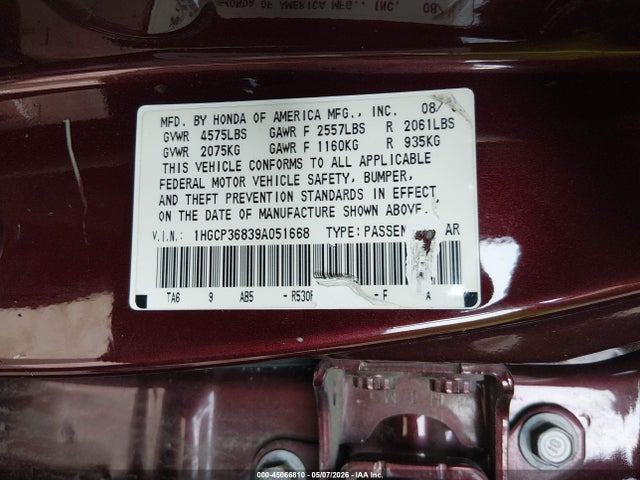 Продажа на аукционе авто 2009 Honda Accord 3.5 Ex-l, vin: 1HGCP36839A051668, номер лота: 45066810