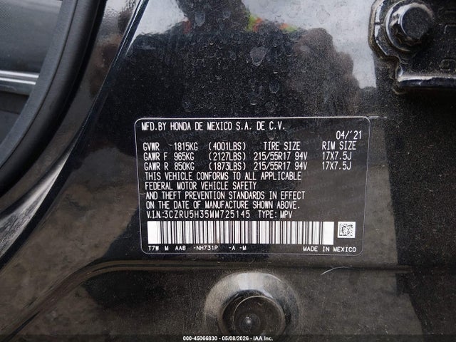 Aukcja sprzedaży 2021 Honda Hr-v 2wd Lx, vin: 3CZRU5H35MM725145, numer aukcji: 45066830