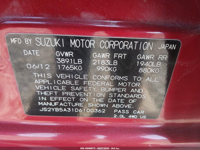 Aukcja sprzedaży 2013 Suzuki Sx4 Premium, vin: JS2YB5A31D6100362, numer aukcji: 45066873
