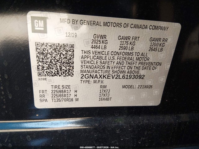 2GNAXKEV2L6193092 Chevrolet Equinox Fwd Lt 1.5l Turbo