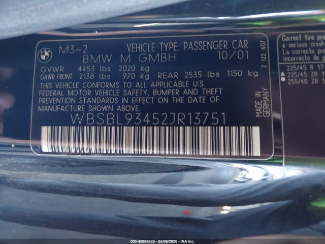 Продаж на аукціоні авто 2002 Bmw M3, vin: WBSBL93452JR13751, номер лоту: 45066889