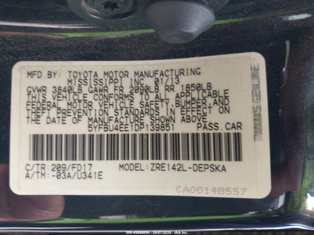 Продаж на аукціоні авто 2013 Toyota Corolla S, vin: 5YFBU4EE1DP139851, номер лоту: 45066894