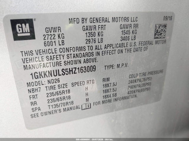 Продажа на аукционе авто 2017 Gmc Acadia Slt-1, vin: 1GKKNULS5HZ163009, номер лота: 45066891