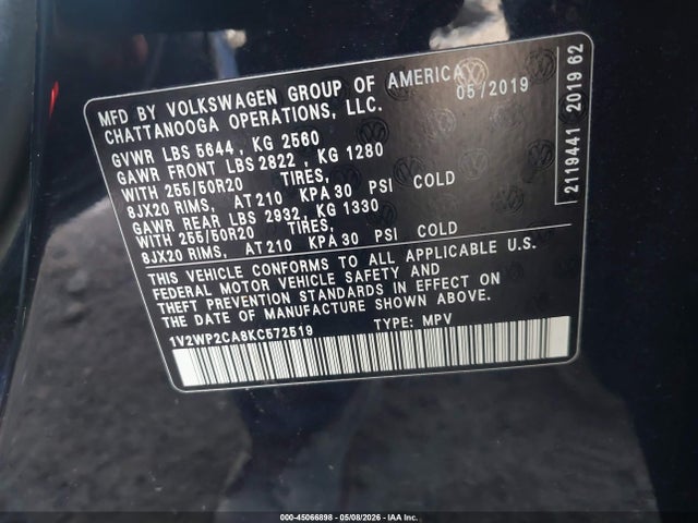 Продаж на аукціоні авто 2019 Volkswagen Atlas 2.0t Se W/technology, vin: 1V2WP2CA8KC572519, номер лоту: 45066898