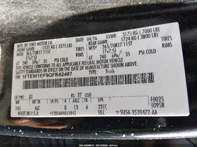 45066913 :رقم المزاد ، 1FTEW1EF9GFB82487 vin ، 2016 Ford F-150 Xlt مزاد بيع