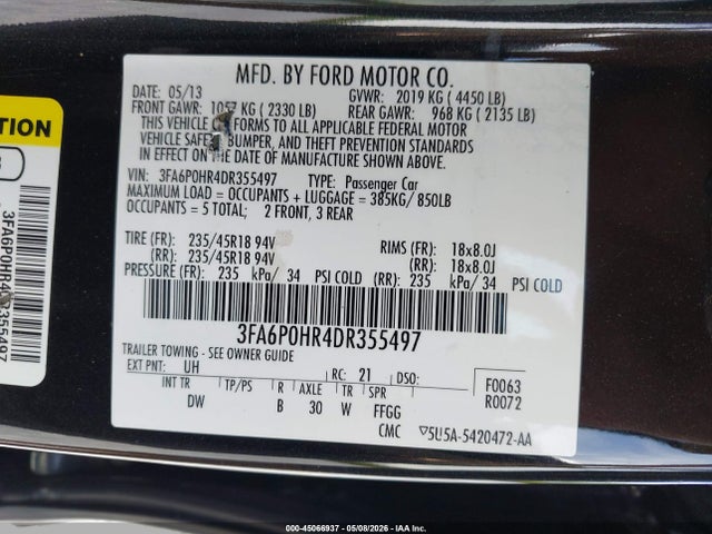 2013 Ford Fusion Se მანქანა იყიდება აუქციონზე, vin: 3FA6P0HR4DR355497, აუქციონის ნომერი: 45066937