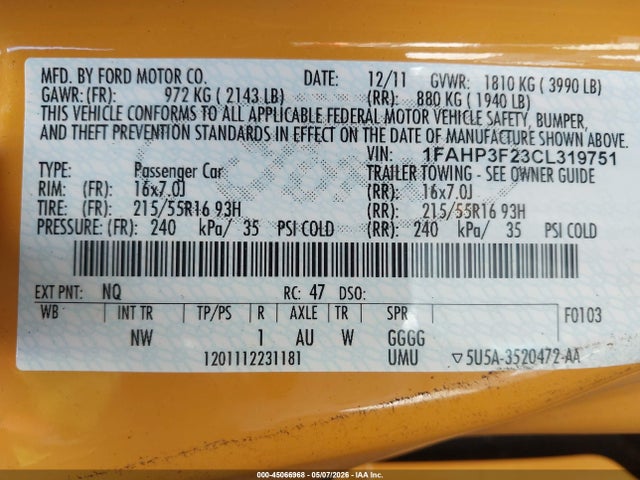 2012 Ford Focus Se მანქანა იყიდება აუქციონზე, vin: 1FAHP3F23CL319751, აუქციონის ნომერი: 45066968
