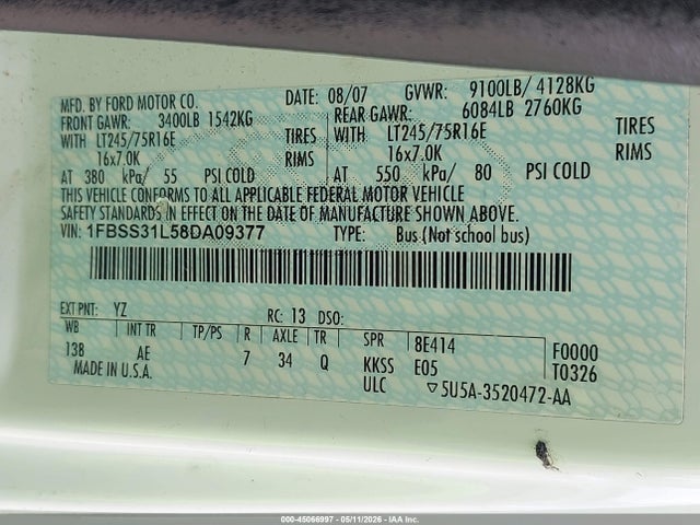 Aukcja sprzedaży 2008 Ford E-350 Super Duty Xl/xlt, vin: 1FBSS31L58DA09377, numer aukcji: 45066997