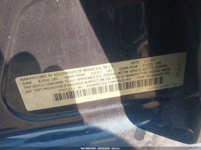 Aukcja sprzedaży 2008 Volkswagen Jetta Se/sel, vin: 3VWRM71K78M060240, numer aukcji: 45067000