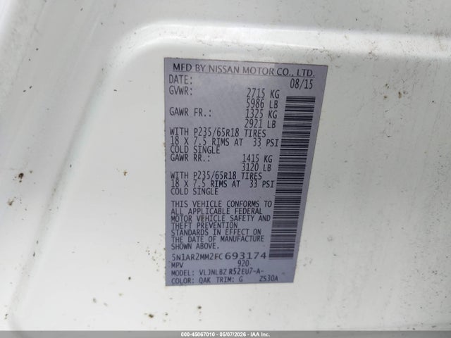 Aukcja sprzedaży 2015 Nissan Pathfinder S, vin: 5N1AR2MM2FC693174, numer aukcji: 45067010