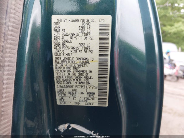 45067012 :رقم المزاد ، 1N6DD26S12C391779 vin ، 2002 Nissan Frontier Xe مزاد بيع