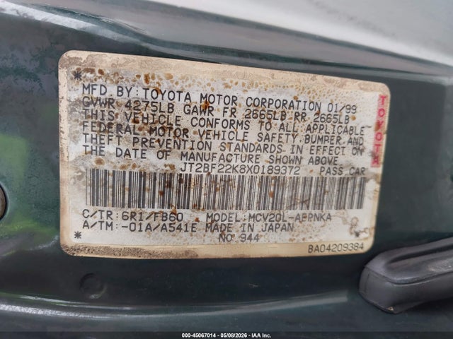 1999 Toyota Camry Le V6 მანქანა იყიდება აუქციონზე, vin: JT2BF22K8X0189372, აუქციონის ნომერი: 45067014