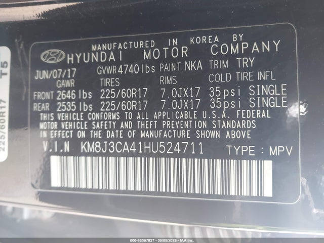 Продажа на аукционе авто 2017 Hyundai Tucson Se, vin: KM8J3CA41HU524711, номер лота: 45067027