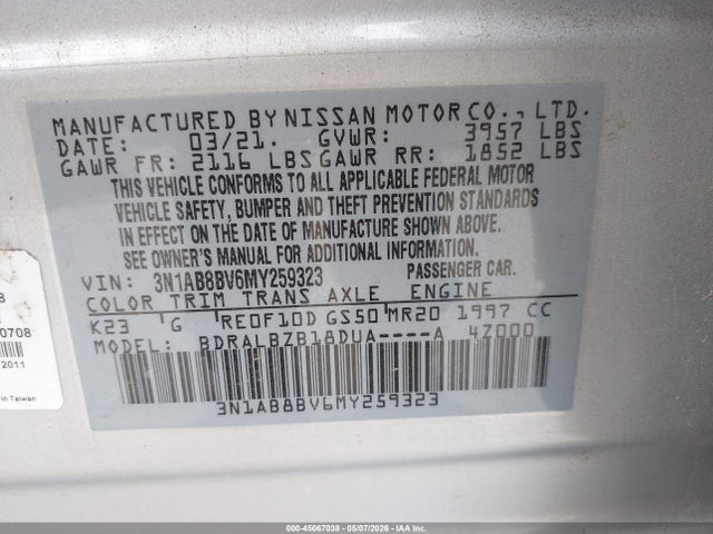Продажа на аукционе авто 2021 Nissan Sentra S Xtronic Cvt, vin: 3N1AB8BV6MY259323, номер лота: 45067038
