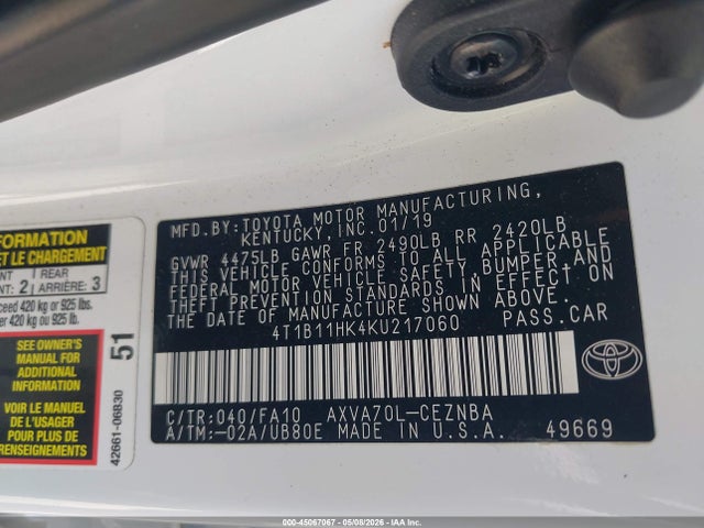 45067067 :رقم المزاد ، 4T1B11HK4KU217060 vin ، 2019 Toyota Camry Le مزاد بيع