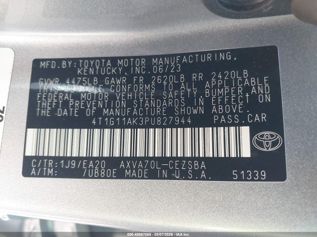 45067069 :رقم المزاد ، 4T1G11AK3PU827944 vin ، 2023 Toyota Camry Se مزاد بيع