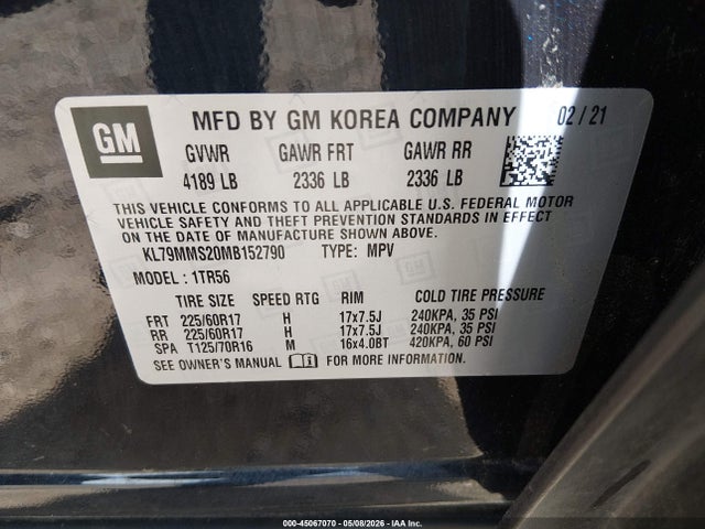 2021 Chevrolet Trailblazer Fwd Ls მანქანა იყიდება აუქციონზე, vin: KL79MMS20MB152790, აუქციონის ნომერი: 45067070