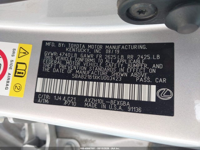 45067081 :رقم المزاد ، 58AB21B1XKU003423 vin ، 2019 Lexus Es 300h Ultra Luxury مزاد بيع