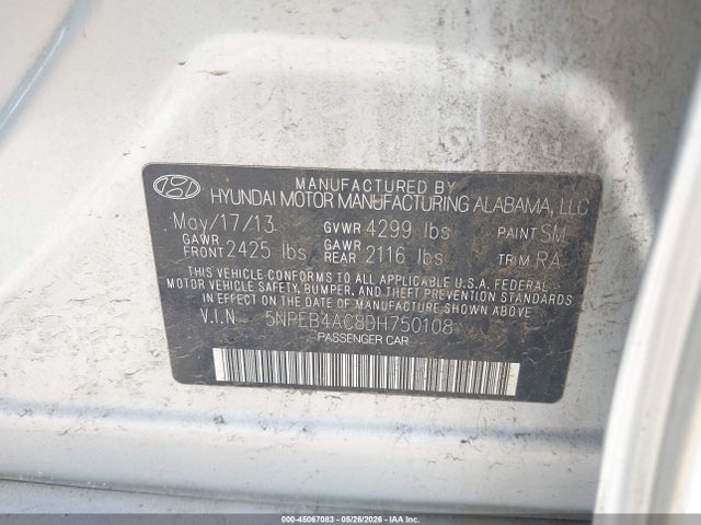 45067083 :رقم المزاد ، 5NPEB4AC8DH750108 vin ، 2013 Hyundai Sonata Gls مزاد بيع